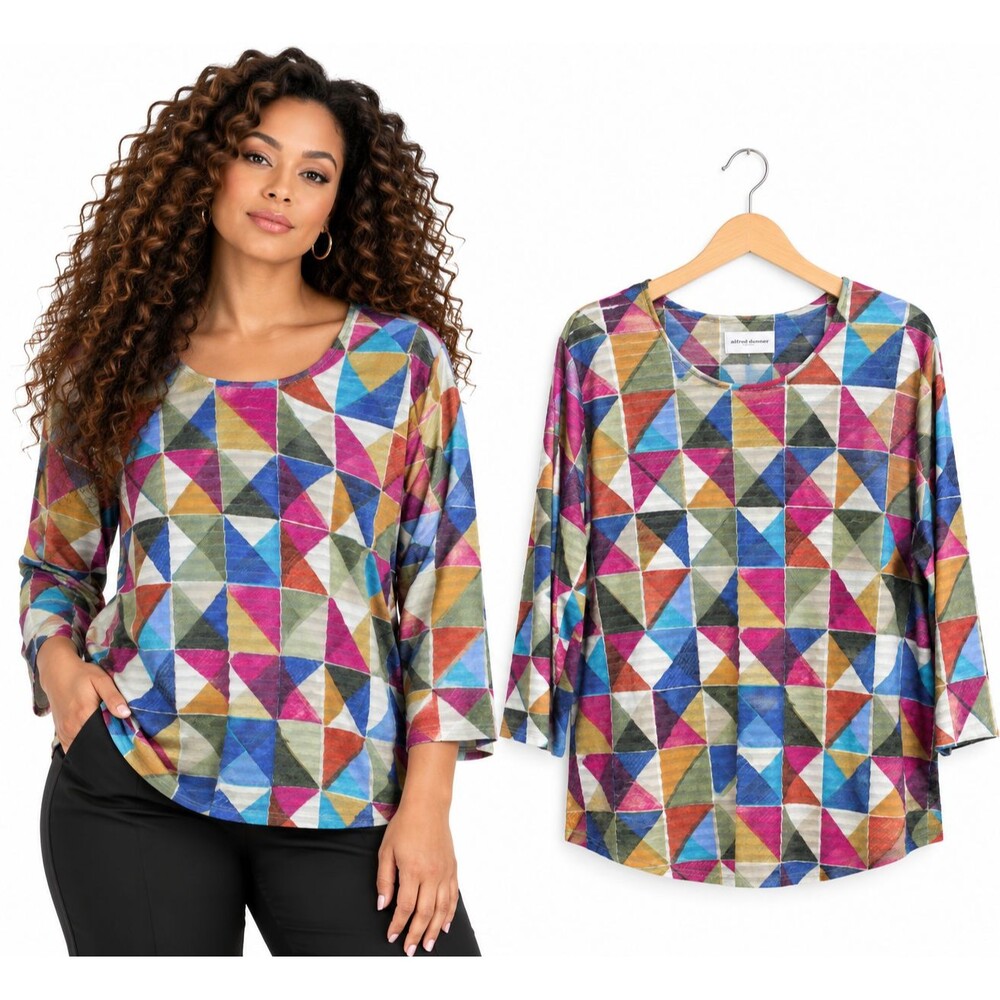 Alfred Dunner Textured Seersucker Print Top XL Multi Color Geometric Triangle